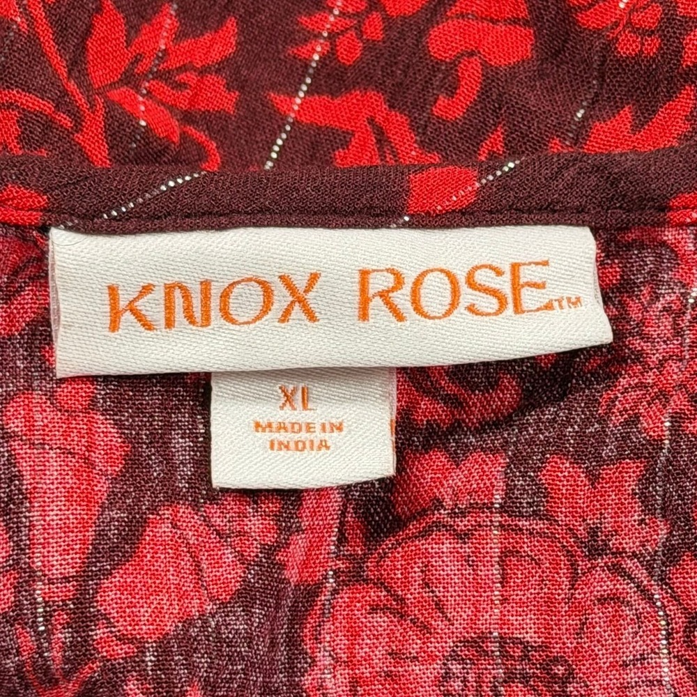 Knox Rose Women's XL Red Burgundy Floral VNeck Peplum Top Metallic Thread Blouse - Picture 5 of 7